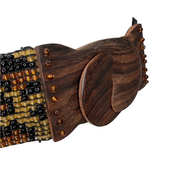 ABOUT COLOR Vintage Leopard Animal Print Wide Beaded Belt Wood Clasp Buckle, S/M - Picture 8 of 11